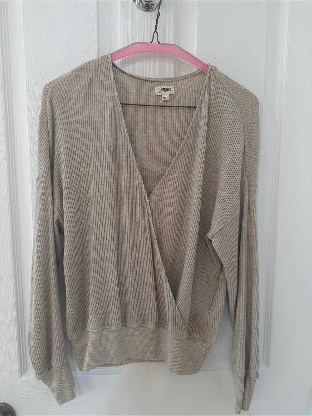 L’agence Taupe Ribbed V-Neck Sweater